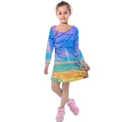 Pastel Plane Take-off Kids  Long Sleeve Velvet Dress by okhismakingart