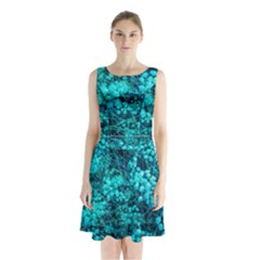 Blue-green Compound Flowers Sleeveless Waist Tie Chiffon Dress by okhismakingart