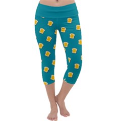 Toast With Cheese Pattern Turquoise Green Background Retro Funny Food Capri Yoga Leggings by genx