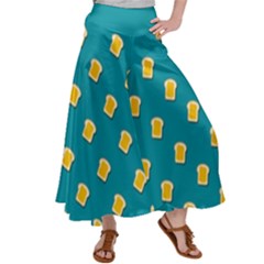 Toast With Cheese Pattern Turquoise Green Background Retro Funny Food Satin Palazzo Pants by genx