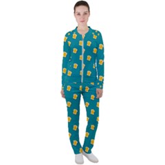 Toast With Cheese Pattern Turquoise Green Background Retro Funny Food Casual Jacket And Pants Set by genx