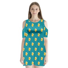 Toast With Cheese Pattern Turquoise Green Background Retro Funny Food Shoulder Cutout Velvet One Piece by genx