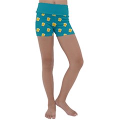 Toast With Cheese Pattern Turquoise Green Background Retro Funny Food Kids  Lightweight Velour Yoga Shorts by genx