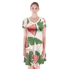 Tropical Watermelon Leaves Pink And Green Jungle Leaves Retro Hawaiian Style Short Sleeve V-neck Flare Dress by genx