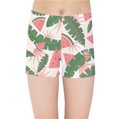 Tropical Watermelon Leaves Pink And Green Jungle Leaves Retro Hawaiian Style Kids  Sports Shorts by genx