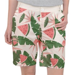 Tropical Watermelon Leaves Pink And Green Jungle Leaves Retro Hawaiian Style Pocket Shorts by genx