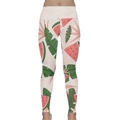 Tropical Watermelon Leaves Pink And Green Jungle Leaves Retro Hawaiian Style Lightweight Velour Classic Yoga Leggings by genx