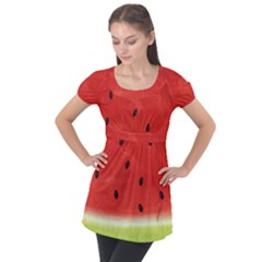 Juicy Paint Texture Watermelon Red And Green Watercolor Puff Sleeve Tunic Top by genx