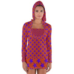 Purple Stars Pattern On Orange Long Sleeve Hooded T-shirt by BrightVibesDesign