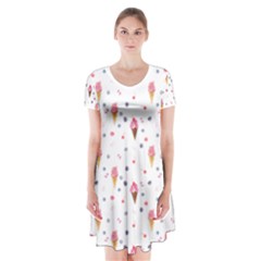 Ice Cream Cones Watercolor With Fruit Berries And Cherries Summer Pattern Short Sleeve V-neck Flare Dress by genx