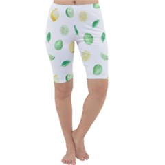 Lemon And Limes Yellow Green Watercolor Fruits With Citrus Leaves Pattern Cropped Leggings  by genx