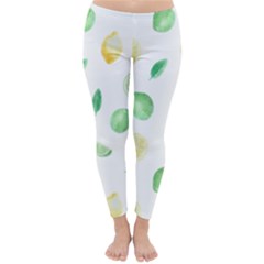 Lemon And Limes Yellow Green Watercolor Fruits With Citrus Leaves Pattern Classic Winter Leggings by genx