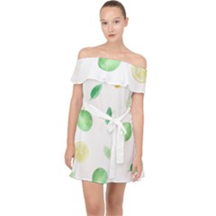 Lemon And Limes Yellow Green Watercolor Fruits With Citrus Leaves Pattern Off Shoulder Chiffon Dress by genx