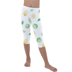 Lemon And Limes Yellow Green Watercolor Fruits With Citrus Leaves Pattern Kids  Lightweight Velour Capri Leggings  by genx