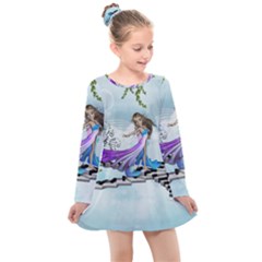 Cute Fairy Dancing On A Piano Kids  Long Sleeve Dress by FantasyWorld7