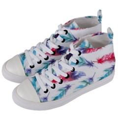 Feathers Boho Style Purple Red And Blue Watercolor Women s Mid-top Canvas Sneakers by genx