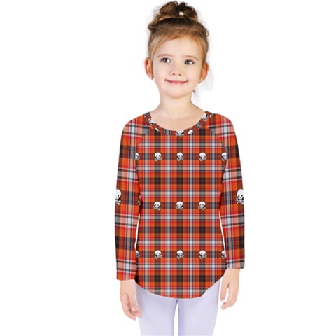 Plaid Pattern Red Squares Skull Kids  Long Sleeve Tee by HermanTelo