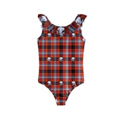 Plaid Pattern Red Squares Skull Kids  Frill Swimsuit by HermanTelo