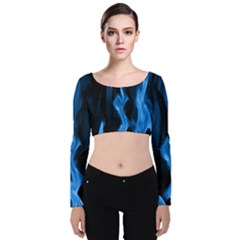 Smoke Flame Abstract Blue Velvet Long Sleeve Crop Top by HermanTelo