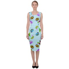 Sloth Aqua Blue Cute Cartoon Tile Green Sleeveless Pencil Dress by HermanTelo