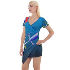 Rocket Spaceship Space Galaxy Short Sleeve Asymmetric Mini Dress by HermanTelo