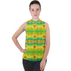 Birds Beach Sun Abstract Pattern Mock Neck Chiffon Sleeveless Top by HermanTelo