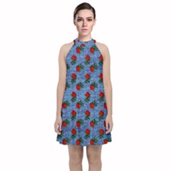 Blue Denim And Roses Velvet Halter Neckline Dress  by snowwhitegirl