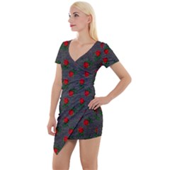 Black Denim And Roses Short Sleeve Asymmetric Mini Dress by snowwhitegirl