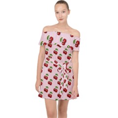 Retro Pink Cherries Off Shoulder Chiffon Dress by snowwhitegirl