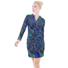 Fractal Abstract Line Wave Button Long Sleeve Dress by HermanTelo