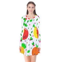 Pattern Fruits Orange Green Long Sleeve V-neck Flare Dress by HermanTelo