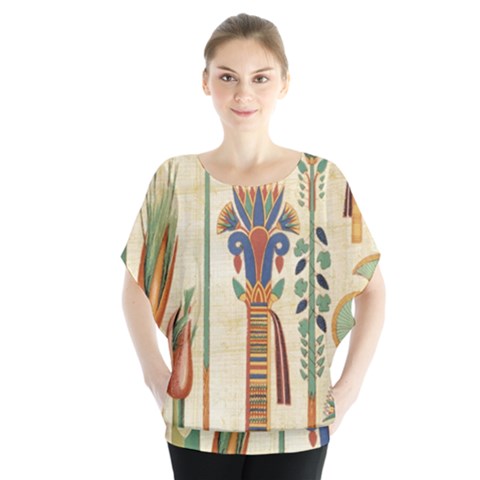 Egyptian Paper Papyrus Hieroglyphs Batwing Chiffon Blouse by Sapixe