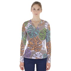 Pattern Leaves Banana Rainbow V-neck Long Sleeve Top by HermanTelo