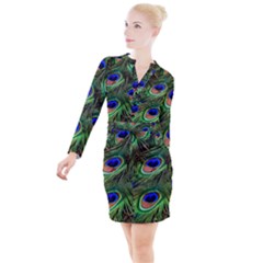 Peacock Feathers Plumage Iridescent Button Long Sleeve Dress by HermanTelo