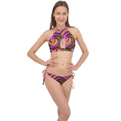 Swirl Vortex Motion Pink Yellow Cross Front Halter Bikini Set by HermanTelo