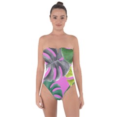 Tropical Greens Pink Leaf Tie Back One Piece Swimsuit by HermanTelo