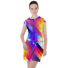 Abstract Blue Background Colorful Pattern Drawstring Hooded Dress by Bajindul