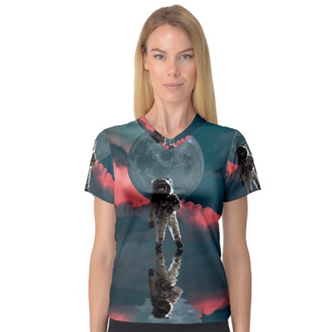 Astronaut Moon Space Planet V-neck Sport Mesh Tee by Pakrebo