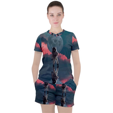 Astronaut Moon Space Planet Women s Tee And Shorts Set by Pakrebo