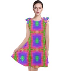 Groovy Purple Green Pink Square Pattern Tie Up Tunic Dress by BrightVibesDesign