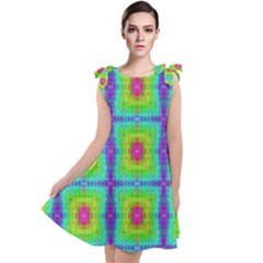 Groovy Yellow Pink Purple Square Pattern Tie Up Tunic Dress by BrightVibesDesign