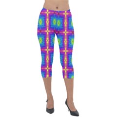 Groovy Blue Pink Yellow Square Pattern Lightweight Velour Capri Leggings  by BrightVibesDesign