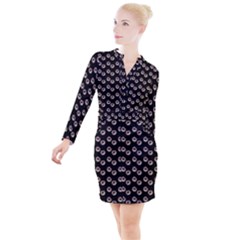 Kawaii Dougnut Black Pattern Button Long Sleeve Dress by snowwhitegirl