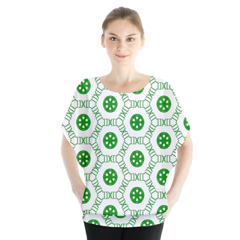 White Background Green Shapes Batwing Chiffon Blouse by Nexatart