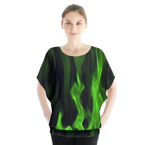 Smoke Flame Abstract Green Batwing Chiffon Blouse by Pakrebo