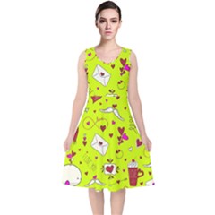 Valentin s Day Love Hearts Pattern Red Pink Green V-neck Midi Sleeveless Dress  by EDDArt