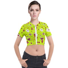 Valentin s Day Love Hearts Pattern Red Pink Green Short Sleeve Cropped Jacket by EDDArt