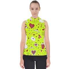 Valentin s Day Love Hearts Pattern Red Pink Green Mock Neck Shell Top by EDDArt