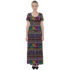 Traditional Africa Border Wallpaper Pattern Colored High Waist Short Sleeve Maxi Dress by EDDArt