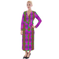 Love For The Fantasy Flowers With Happy Purple And Golden Joy Velvet Maxi Wrap Dress by pepitasart